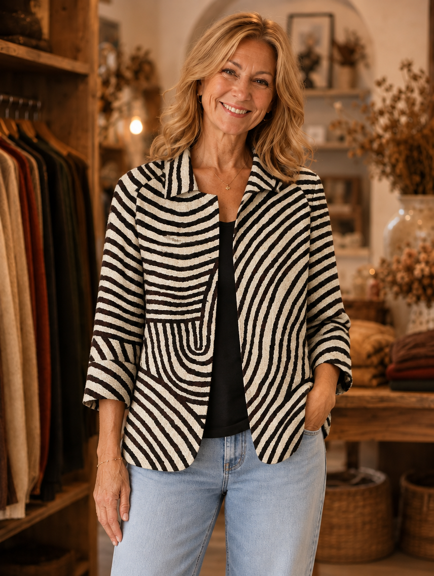 Maura striped open-front blazer worn by model