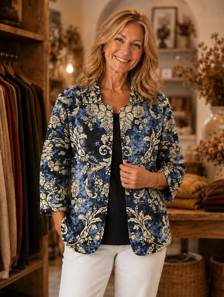 Deirdre ornate open-front jacket worn by model