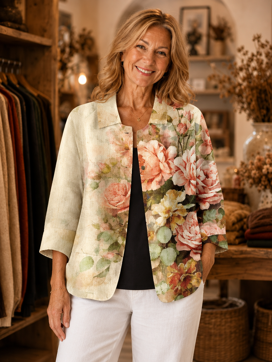 Renee floral open-front jacket worn by model