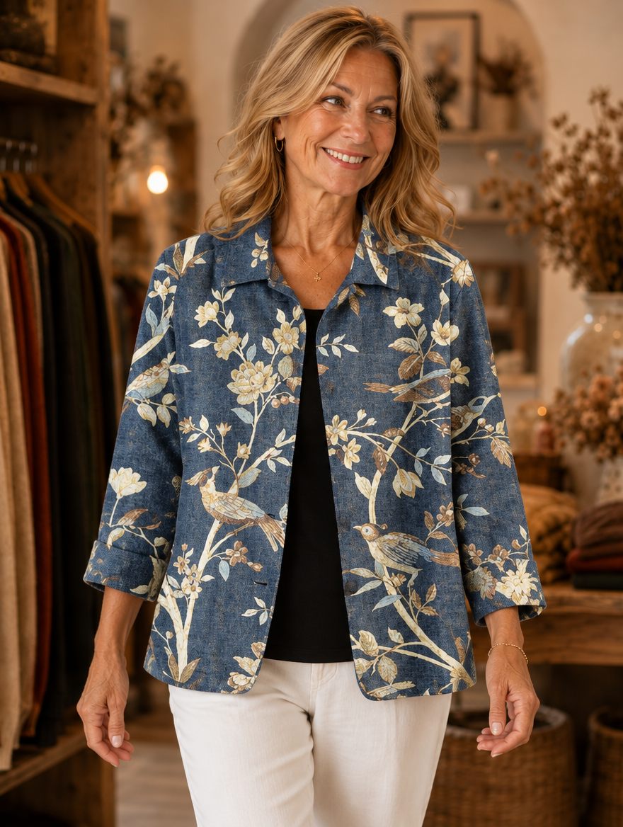 Nova botanical print jacket worn by model