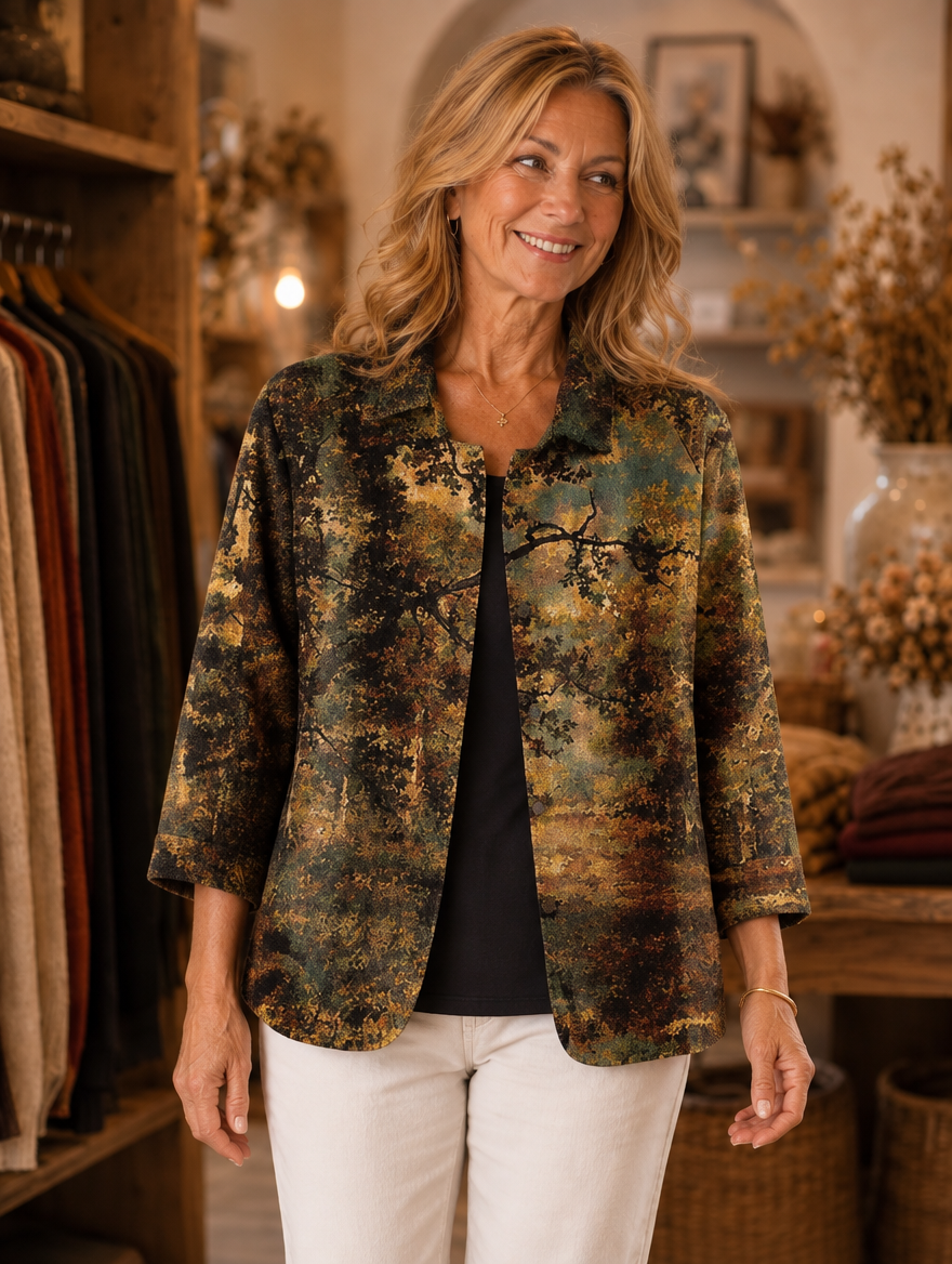 Dorothy artful open-front jacket worn by model