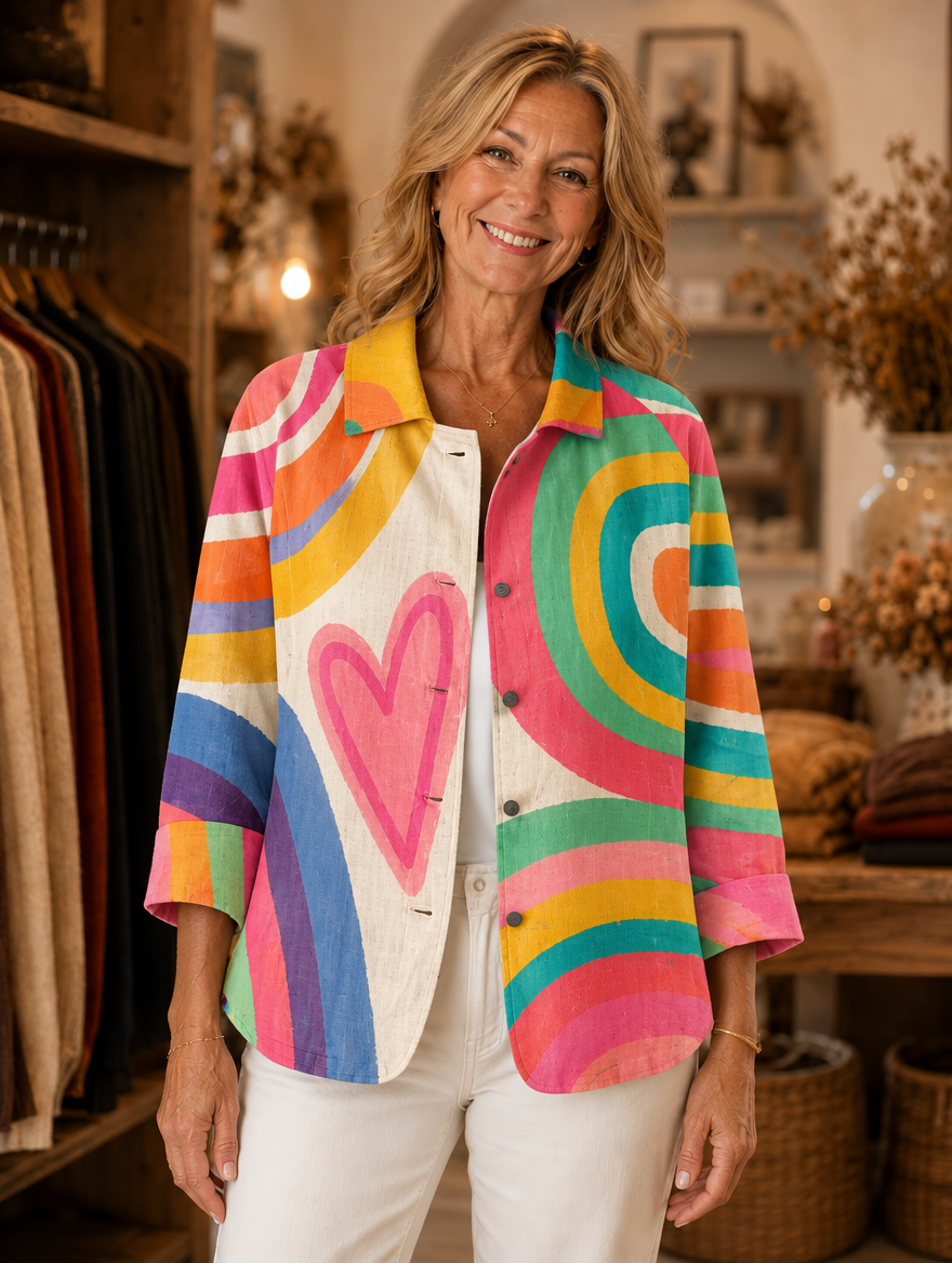 Greer artful print jacket worn by model
