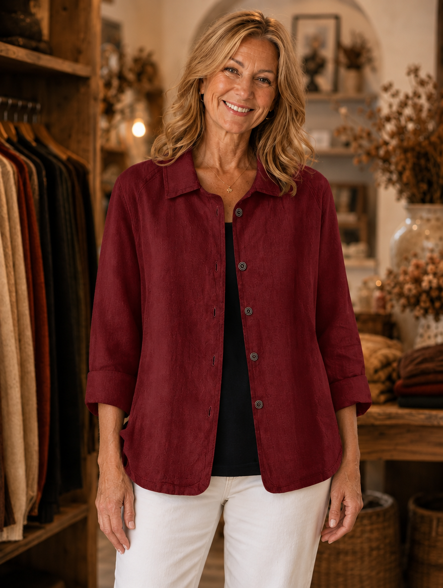 Agatha relaxed button-front shirt worn by model