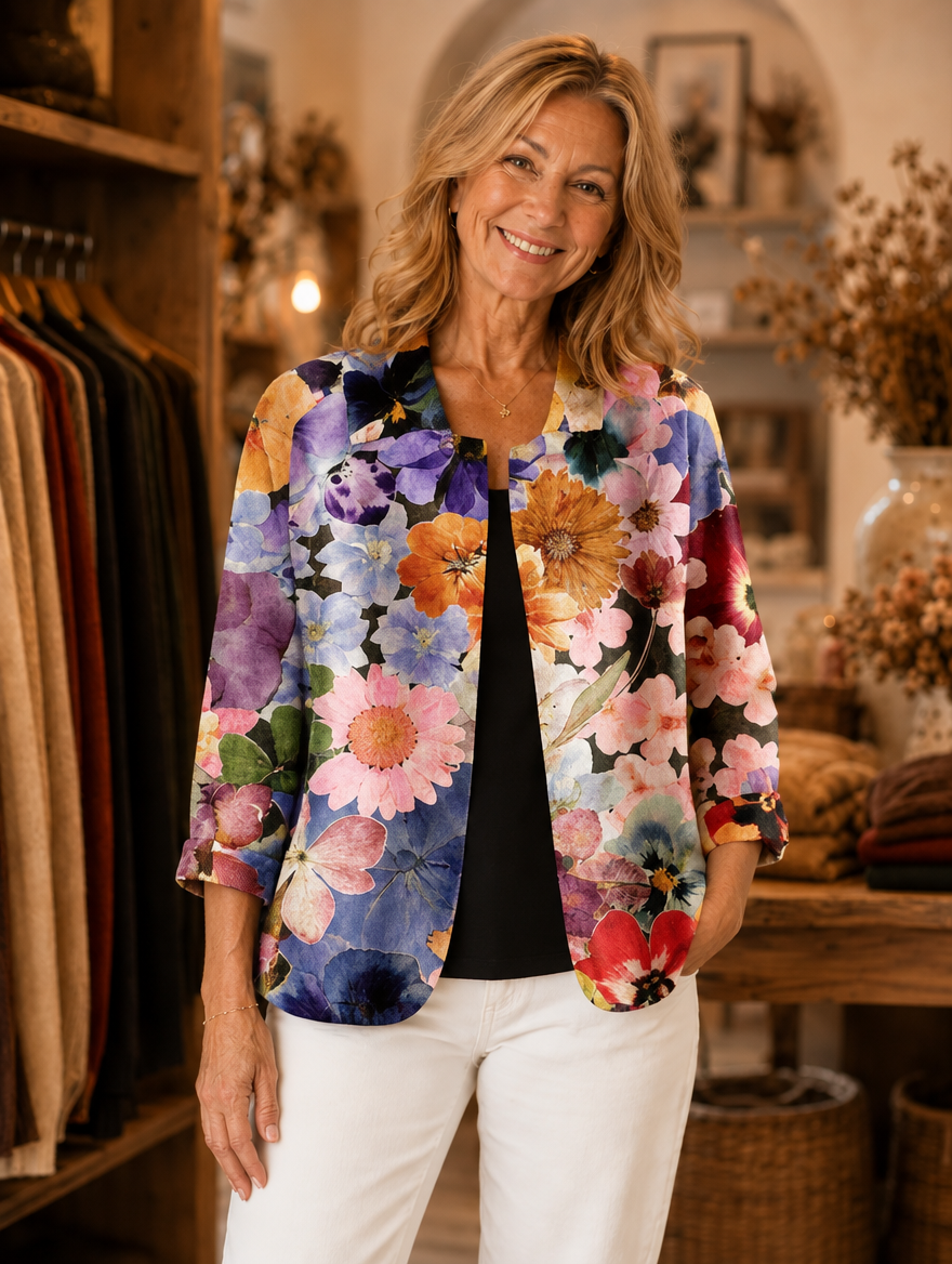 Helene blossom open-front jacket worn by model