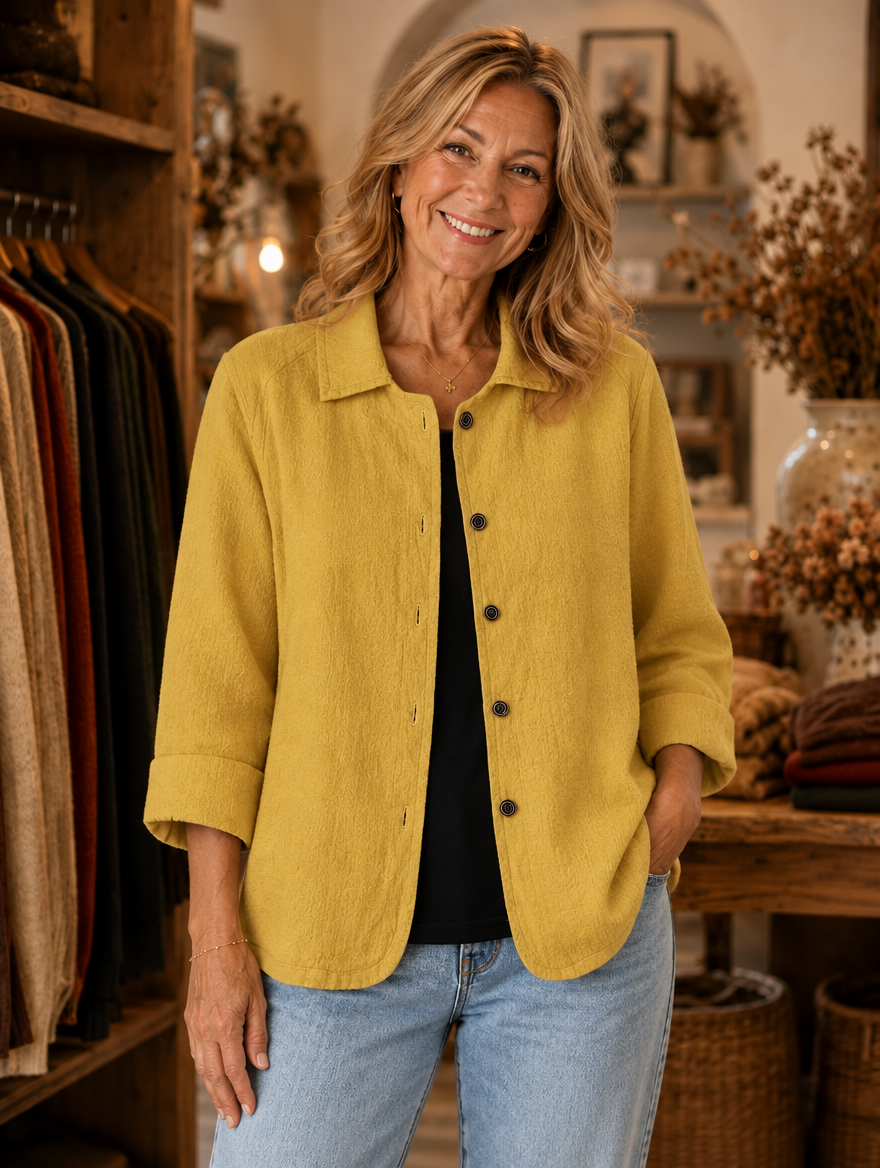 Cora relaxed button-front overshirt worn by model