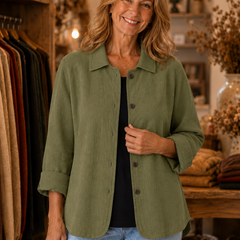 Coralie relaxed button-front overshirt worn by model