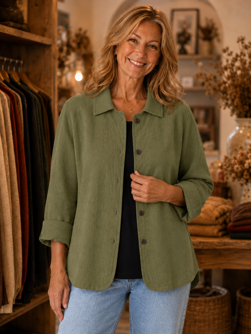 Coralie relaxed button-front overshirt worn by model