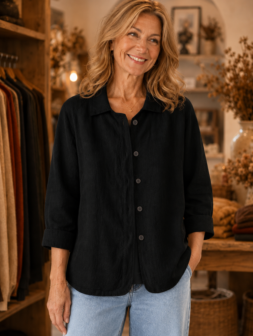Judith relaxed button-up blouse worn by model