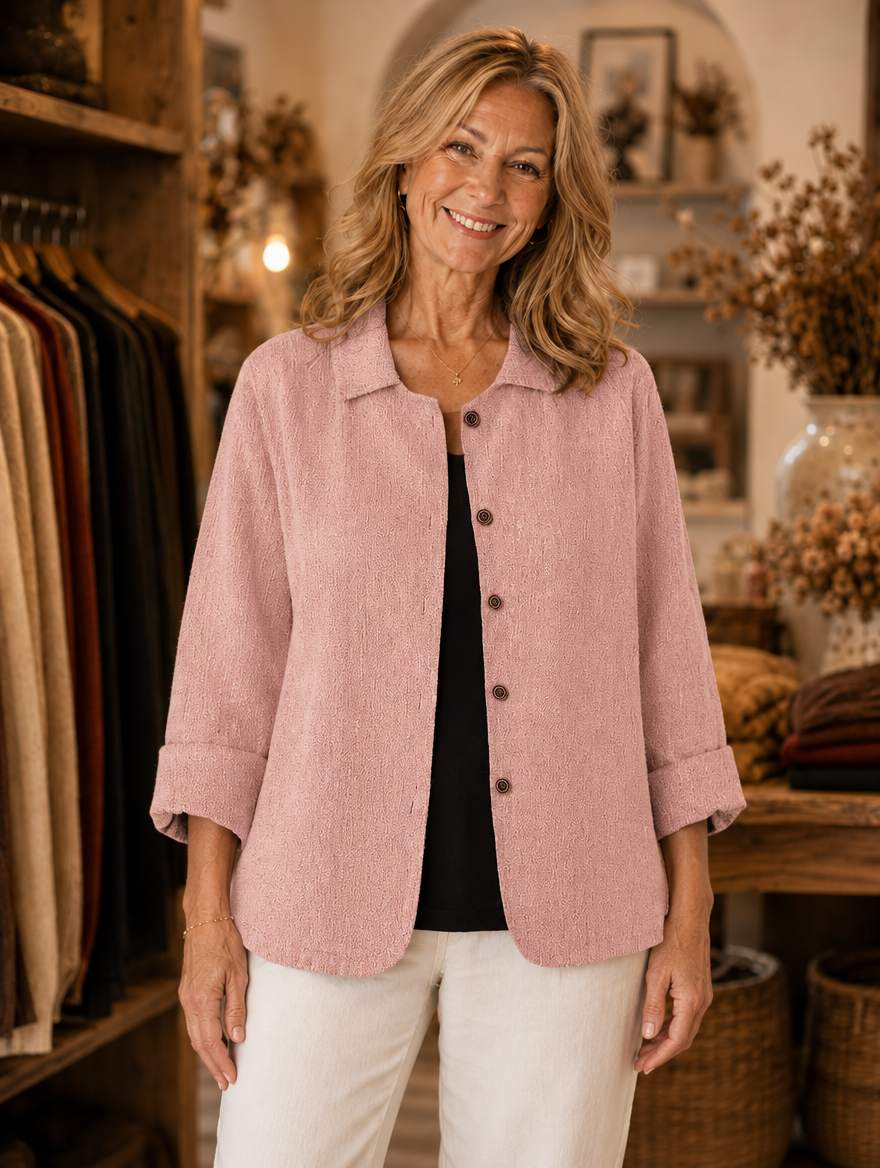 Cordelia relaxed button-front shirt jacket worn by model