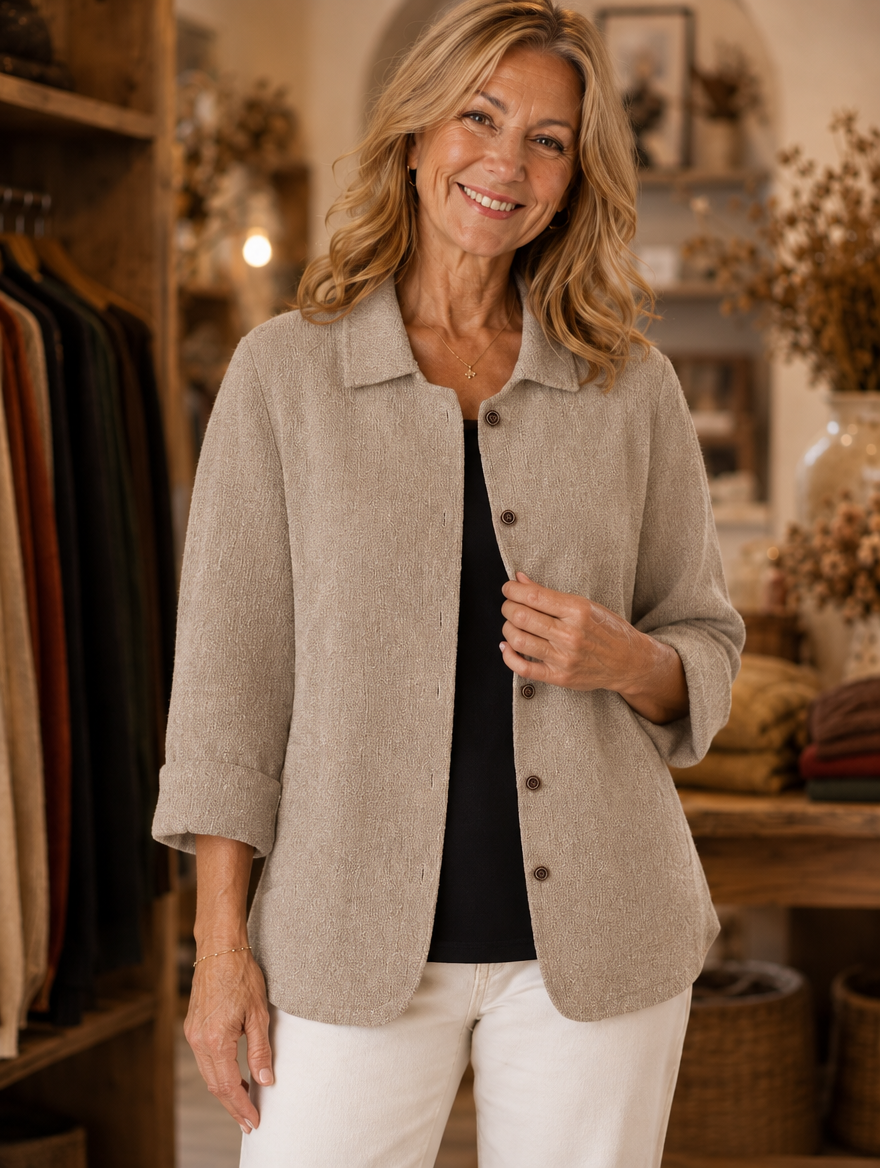 Wilma relaxed button-front jacket worn by model