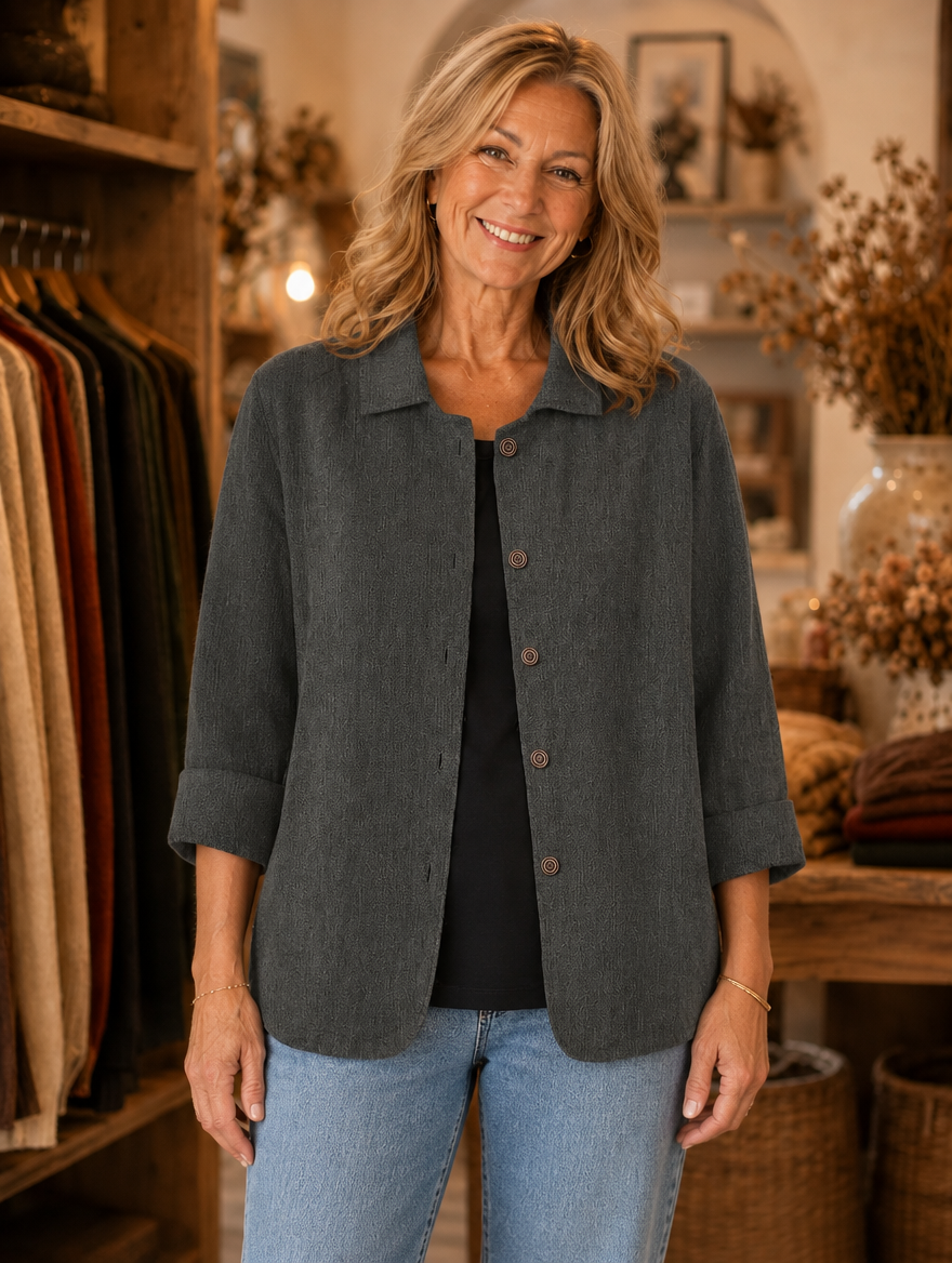 Thelma relaxed button-front overshirt worn by model