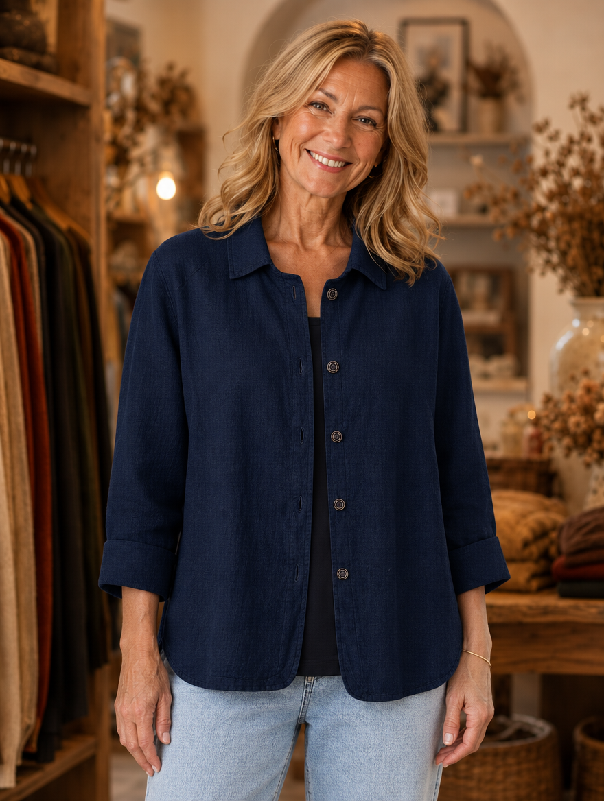 Constance relaxed button-front shirt worn by model