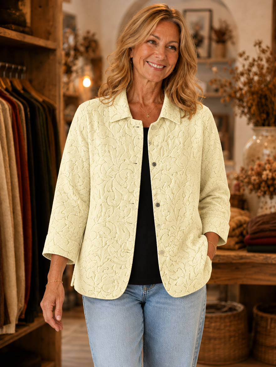 Eileen textured button-front jacket worn by model