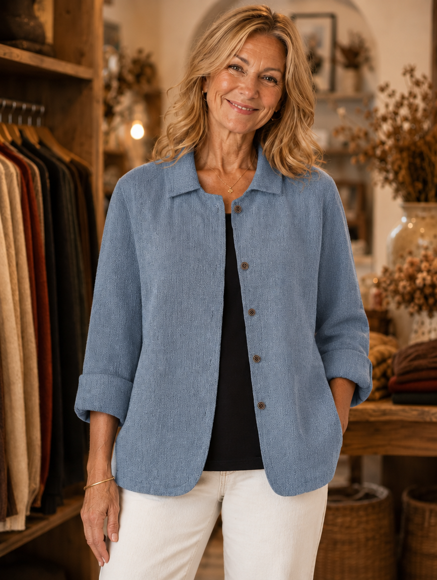 Maureen relaxed button-front jacket worn by model