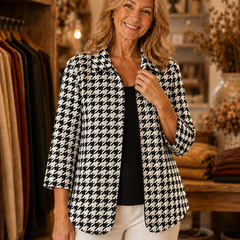 Cynthia open-front collared jacket worn by model