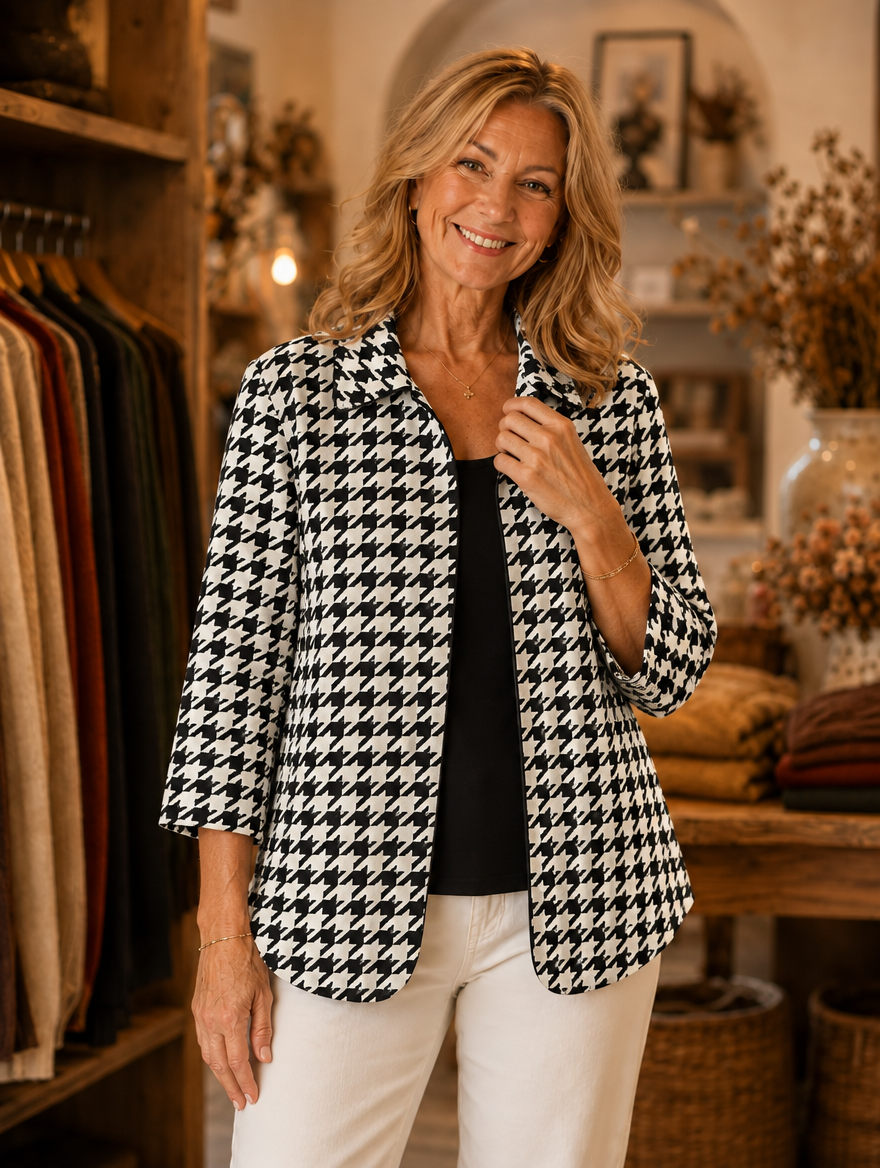 Cynthia open-front collared jacket worn by model