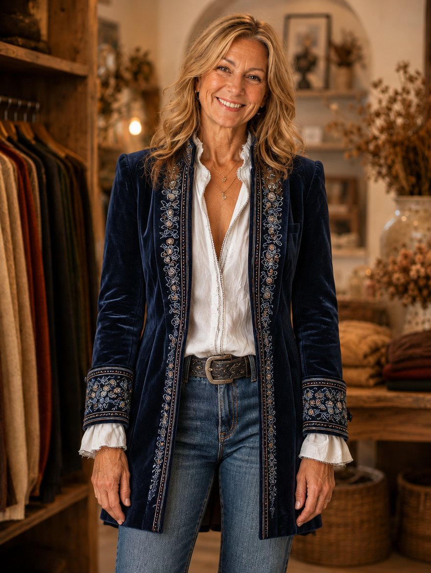 Anastasia embroidered longline jacket worn by model