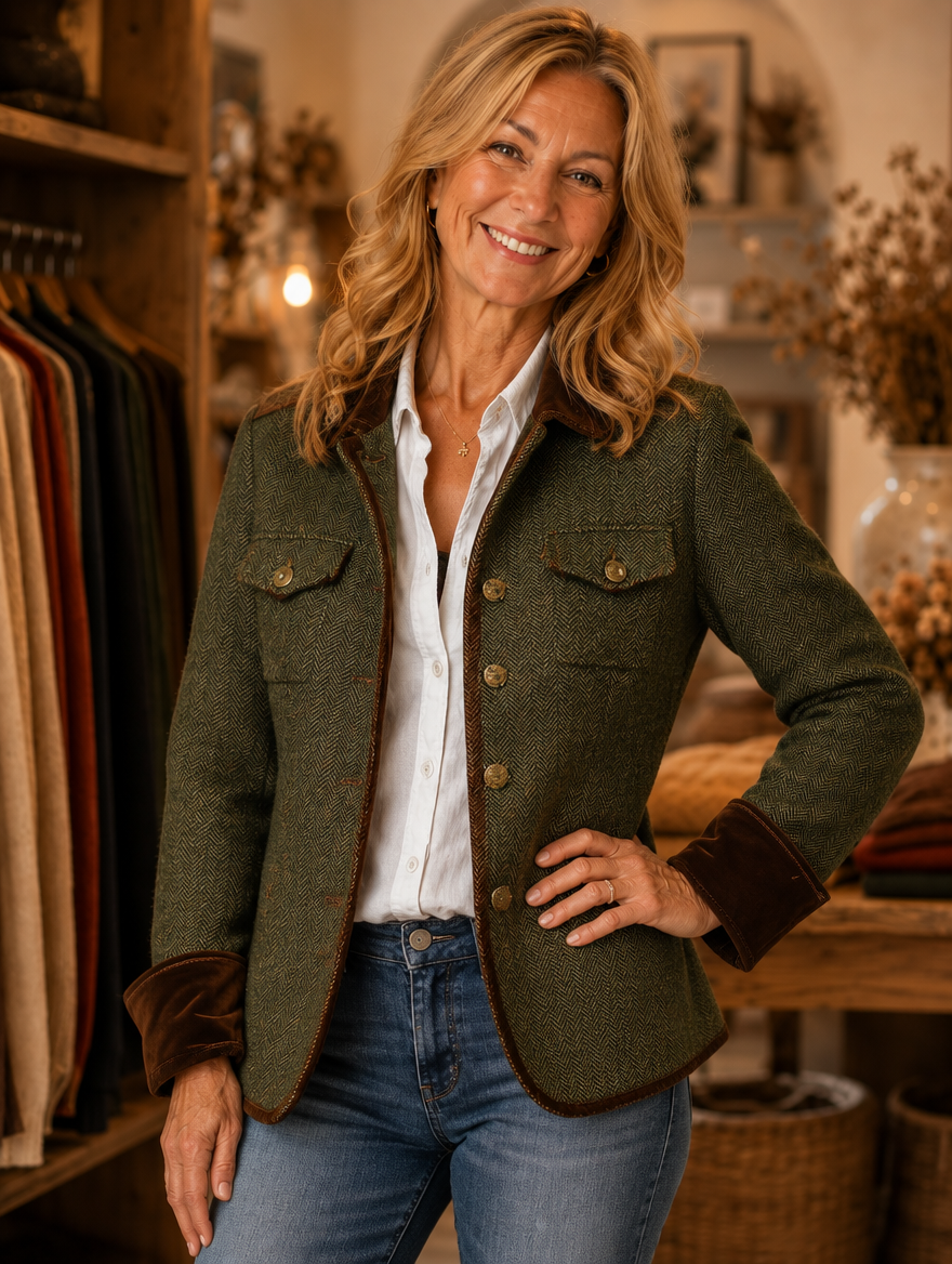Agnes herringbone contrast-trim blazer worn by model