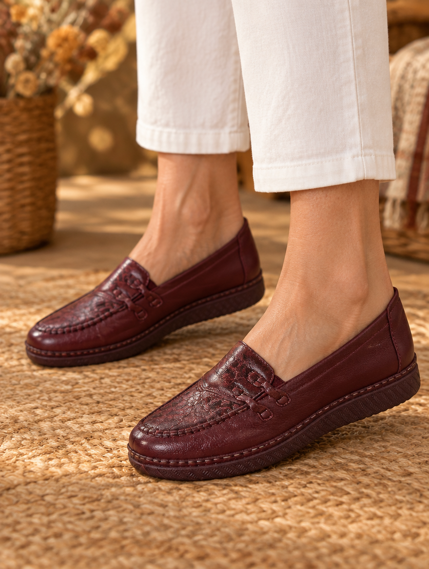 Burgundy flat slip-on casual shoes worn by model