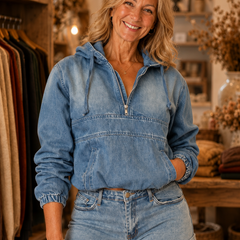 Cropped zip-up denim hoodie worn by model