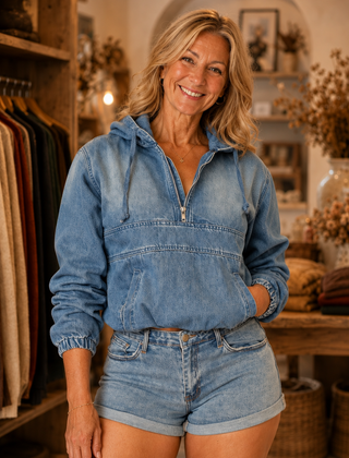 Cropped zip-up denim hoodie worn by model