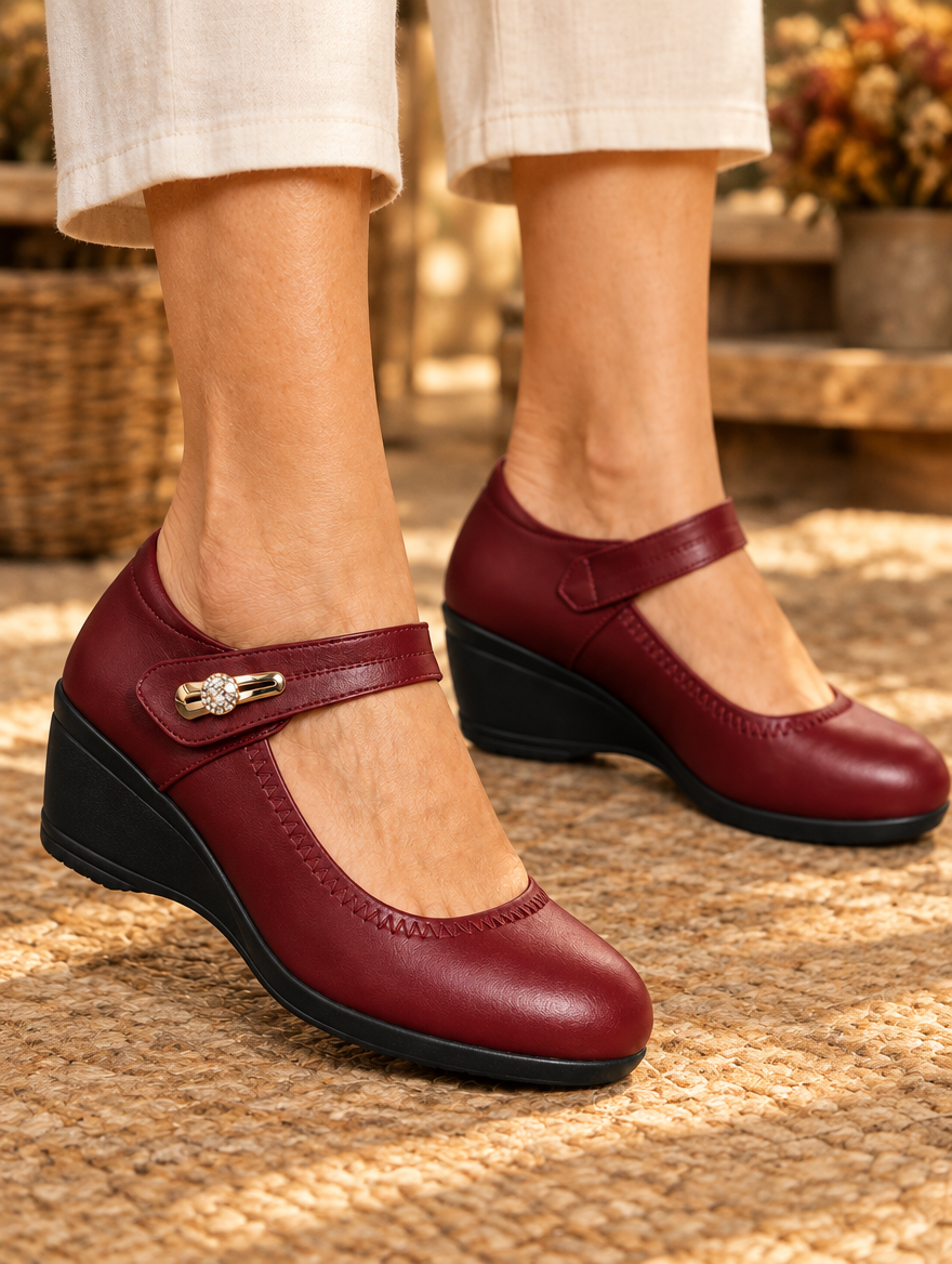 Nola leather wedge shoes in wine red worn by model