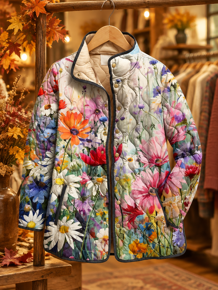Kaia vintage floral quilted jacket on hanger, autumn boutique