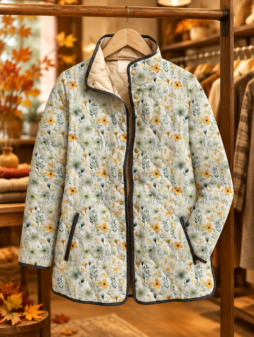 Nola floral-printed quilted jacket on hanger, autumn boutique