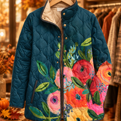 Amaya vintage floral quilted jacket on hanger, autumn boutique