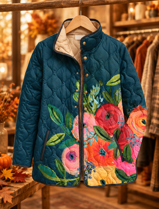 Amaya vintage floral quilted jacket on hanger, autumn boutique