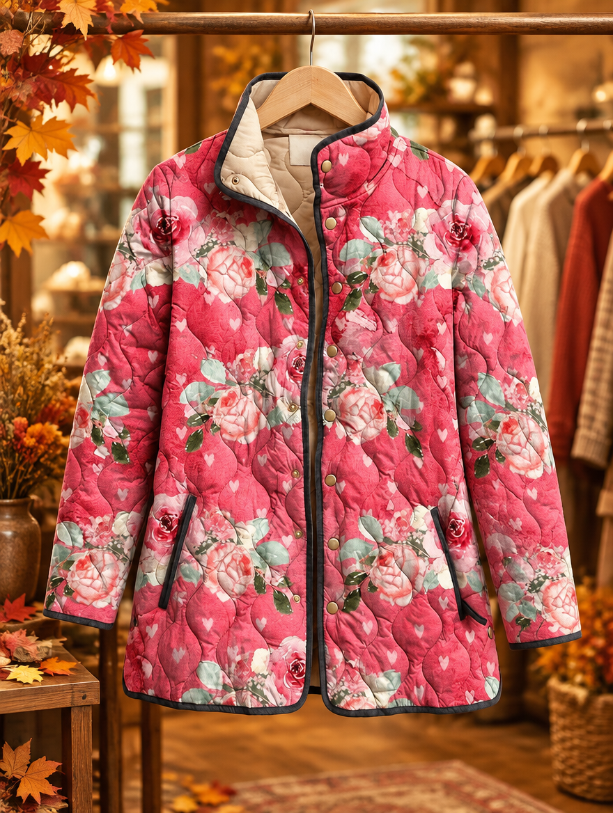 Freya pink floral quilted jacket on hanger, autumn boutique