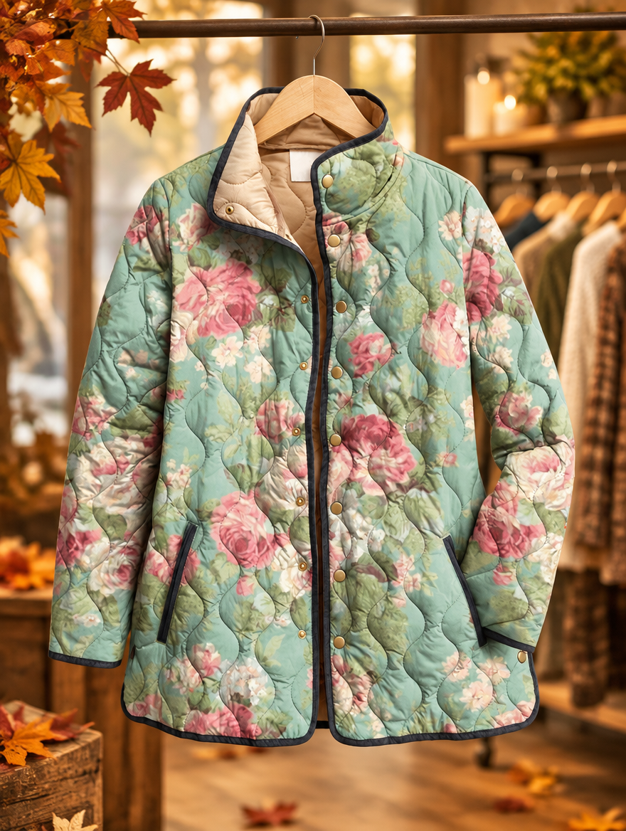 Carys retro floral quilted jacket on hanger, autumn boutique