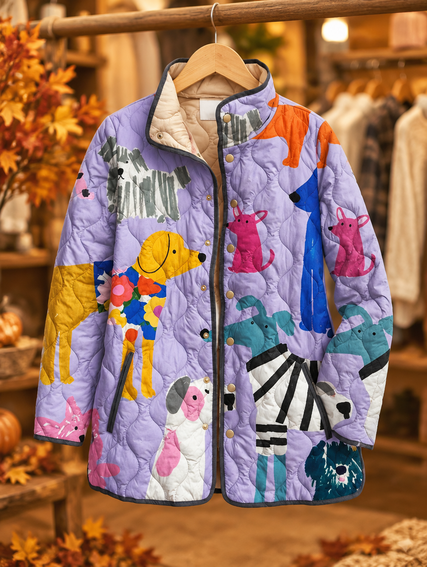 Rhea dog print quilted jacket on hanger, autumn boutique