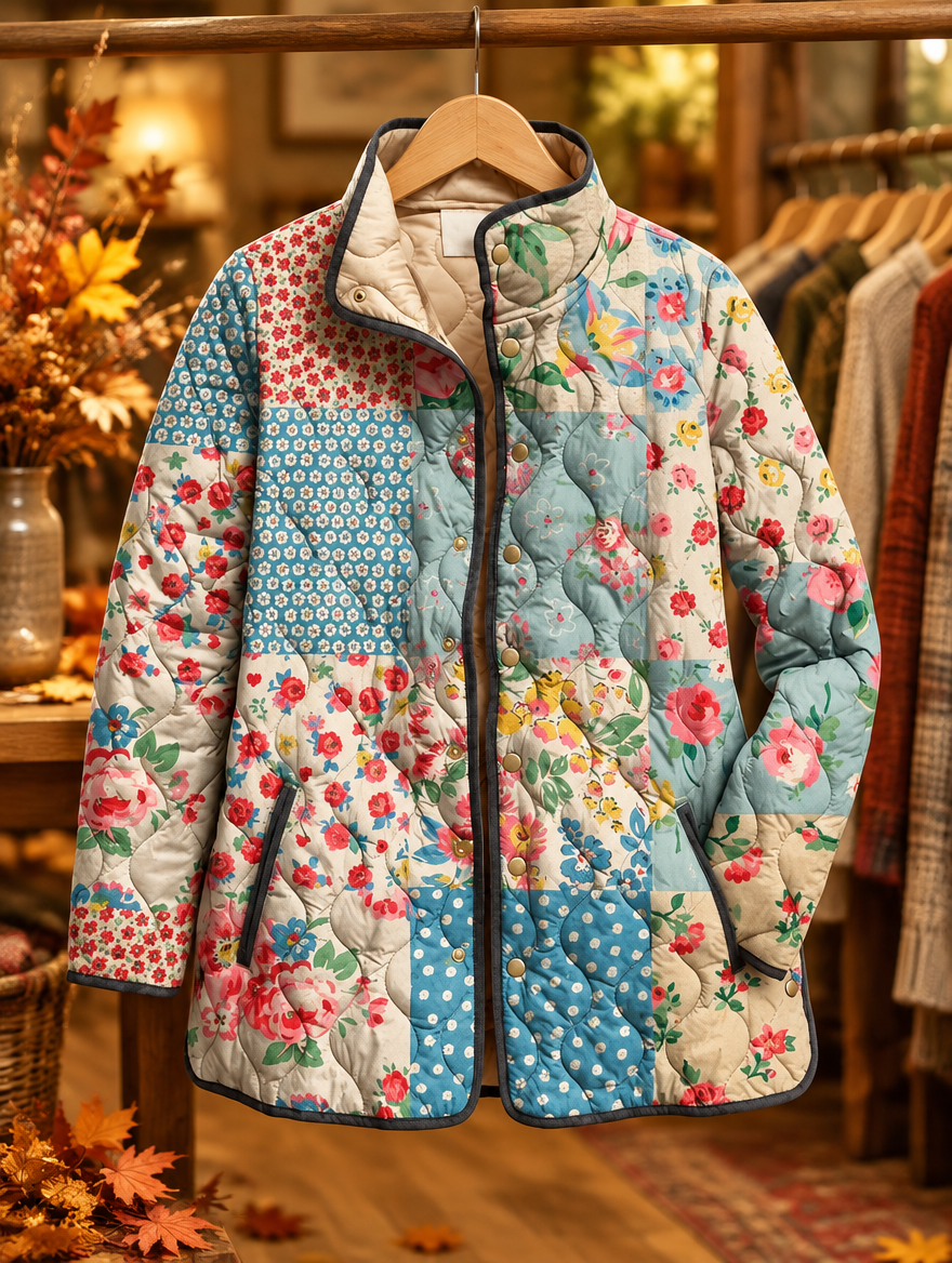 Zarae floral quilted jacket on hanger, autumn boutique