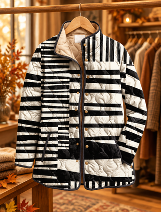 Miren black and white abstract quilted jacket on hanger, autumn boutique