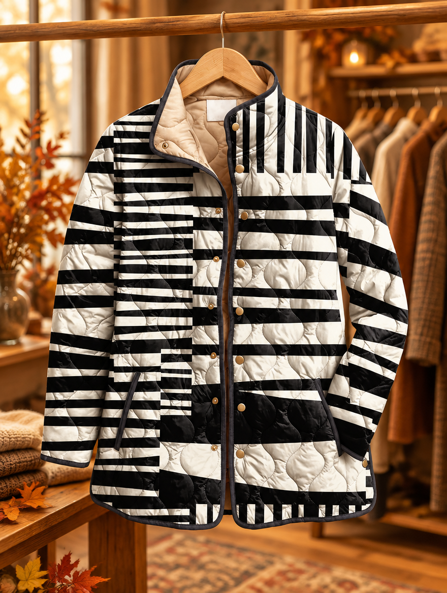 Miren black and white abstract quilted jacket on hanger, autumn boutique