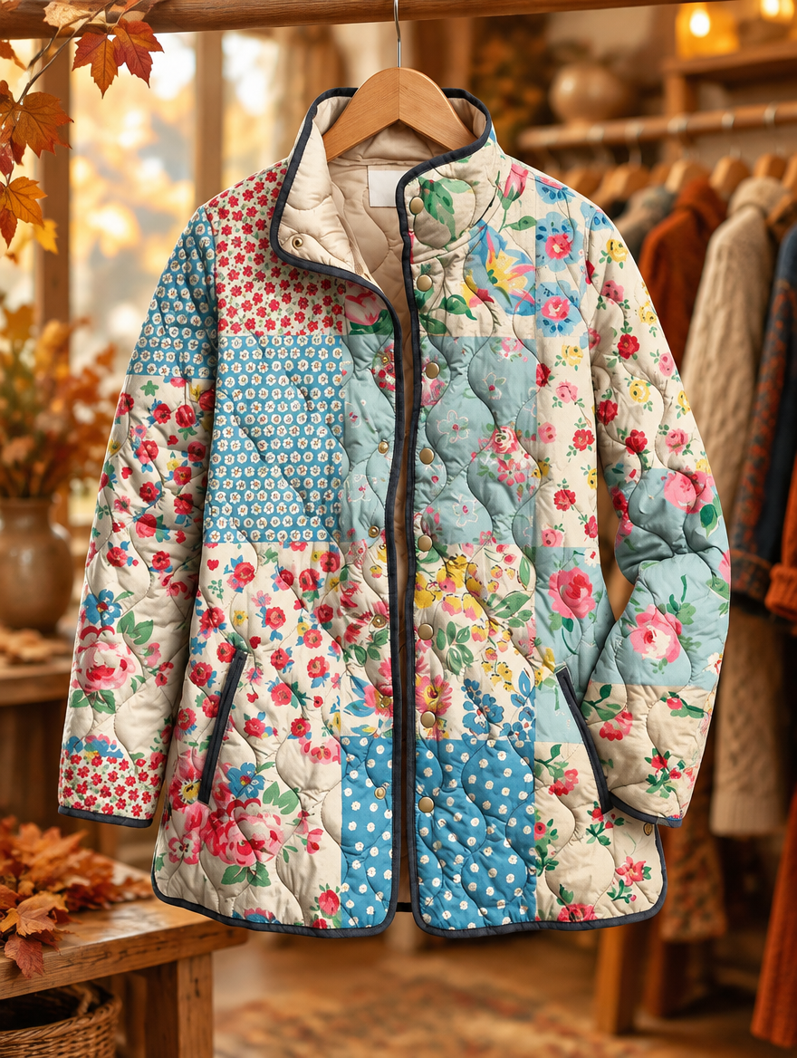 Liora floral quilted jacket on hanger, autumn boutique