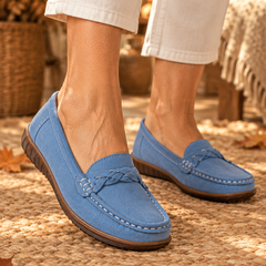 Ariella orthopaedic wide-fit slip-on loafers in blue worn by model