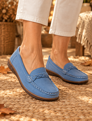 Ariella orthopaedic wide-fit slip-on loafers in blue worn by model