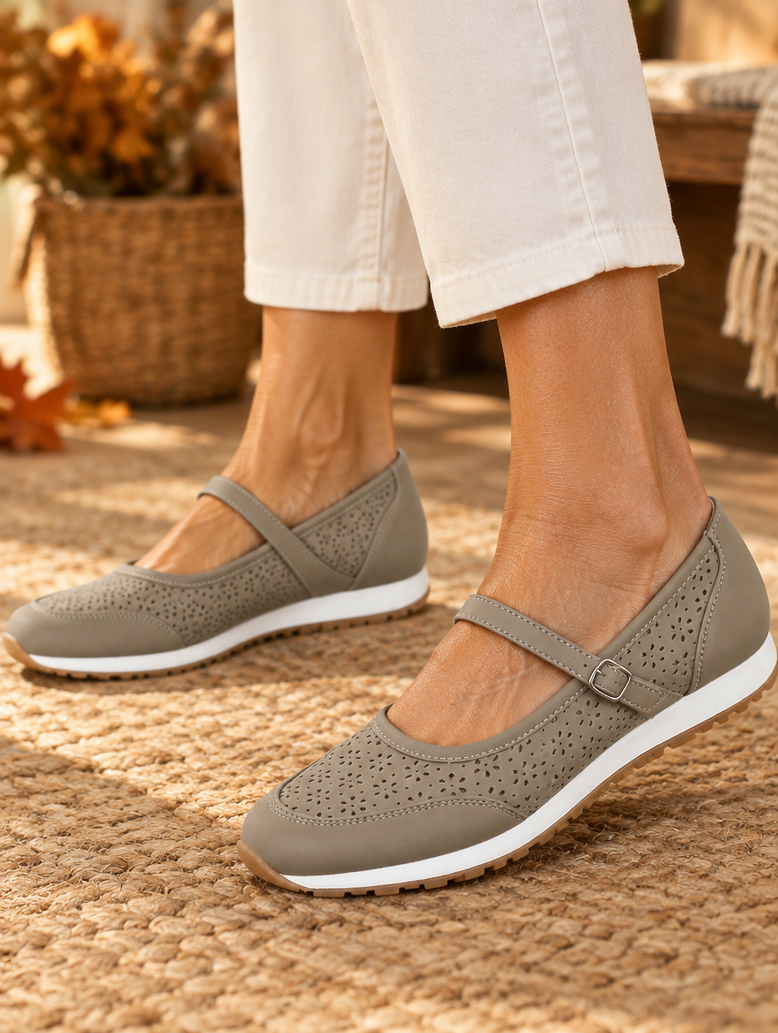 Aura orthopedic comfort shoes in khaki worn by model
