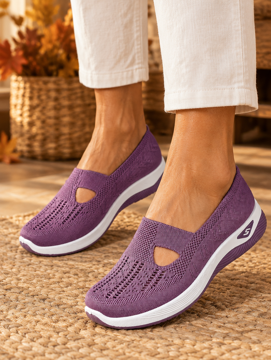 Odelia non-slip orthopedic shoes in purple worn by model