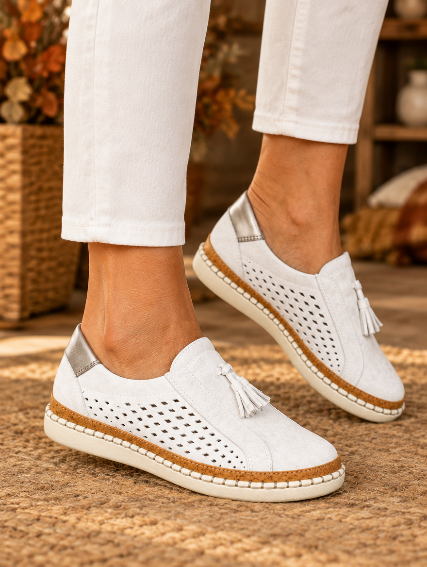 Christine perforated comfort loafers in white worn by model