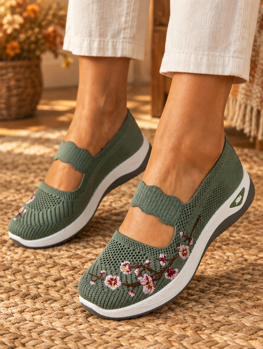 Samira orthopedic comfort shoes in green worn by model