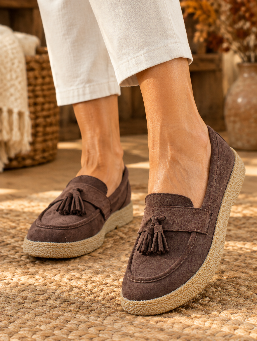 Elizabeth suede tassel loafers in brown worn by model