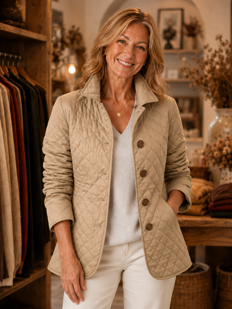 Kelley lightweight quilted jacket in khaki worn by model