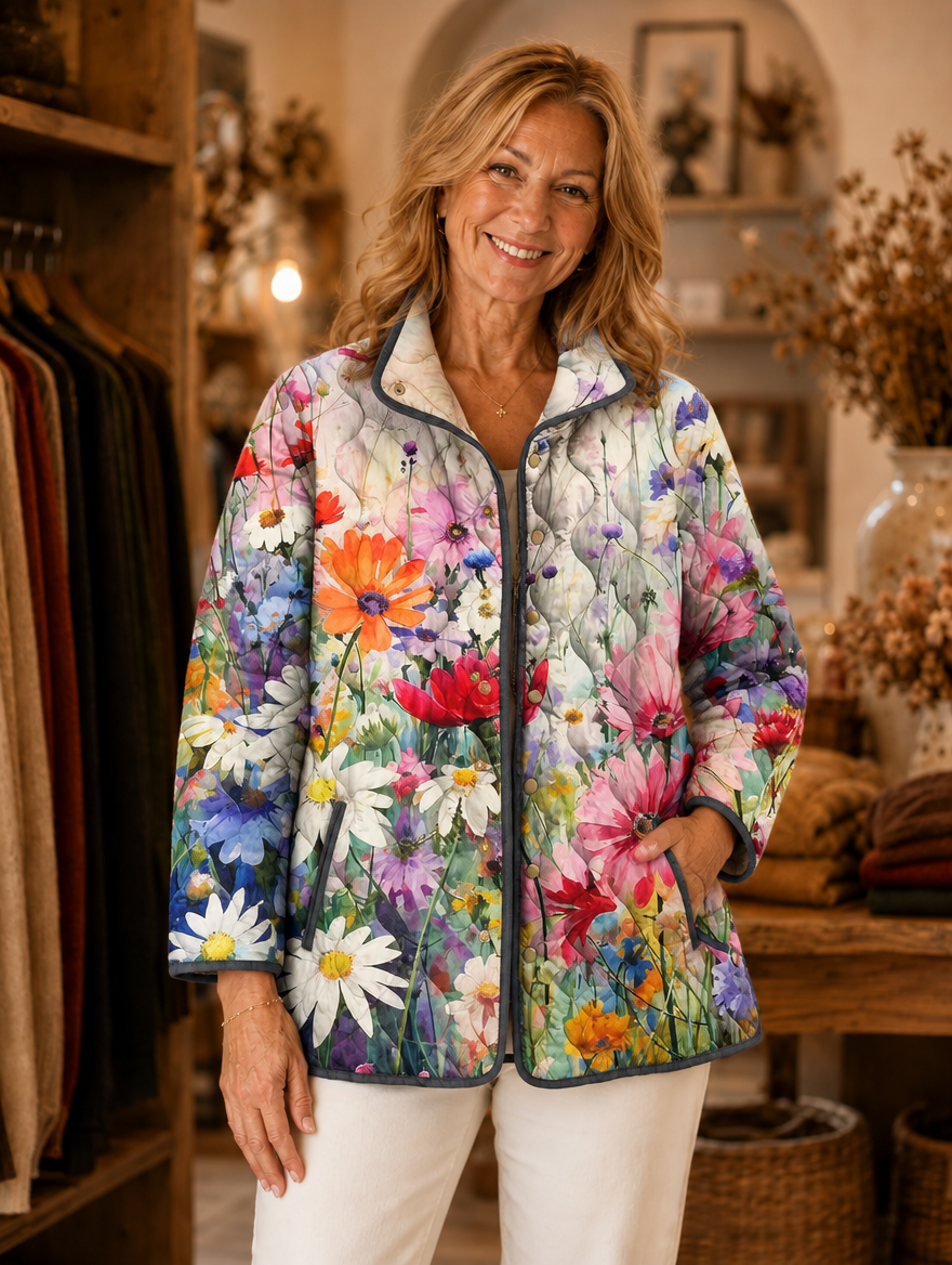 Kaia vintage floral quilted jacket worn by model (extra)