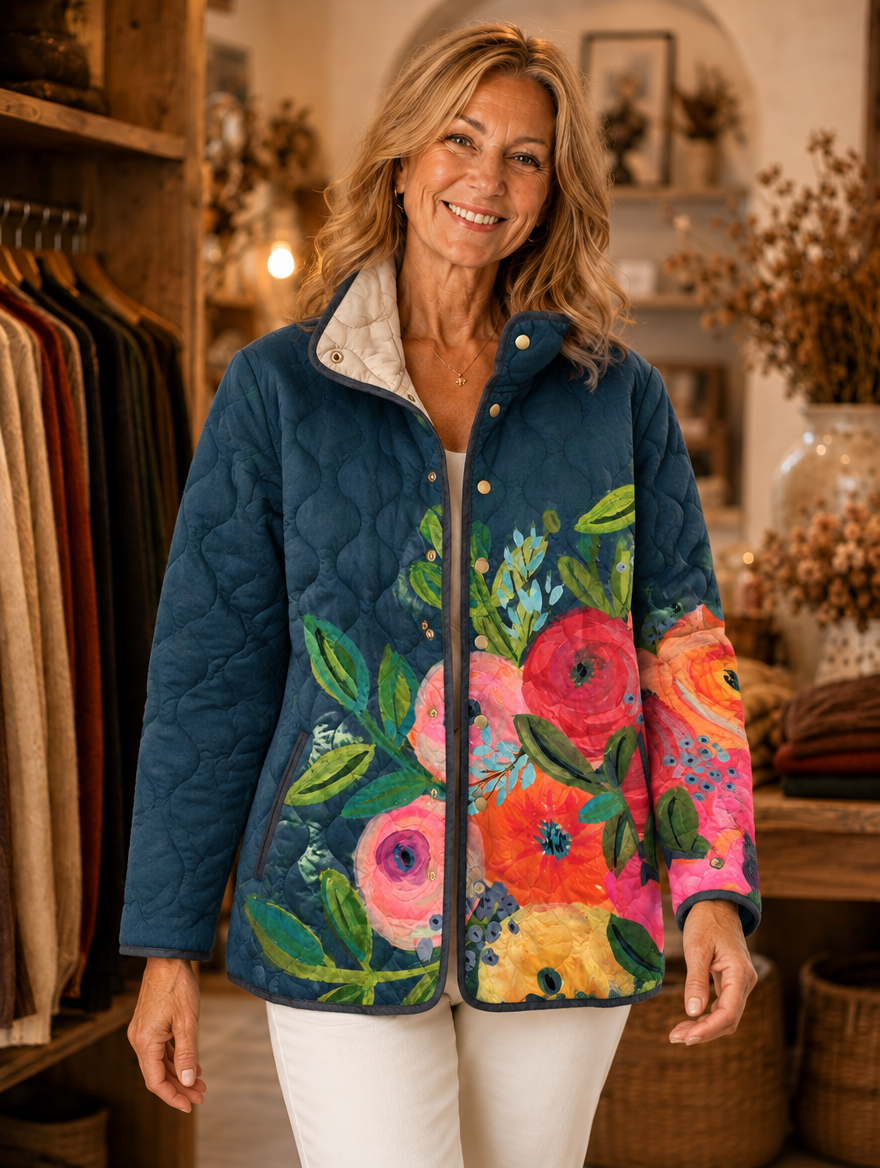 Amaya vintage floral quilted jacket worn by model (extra)