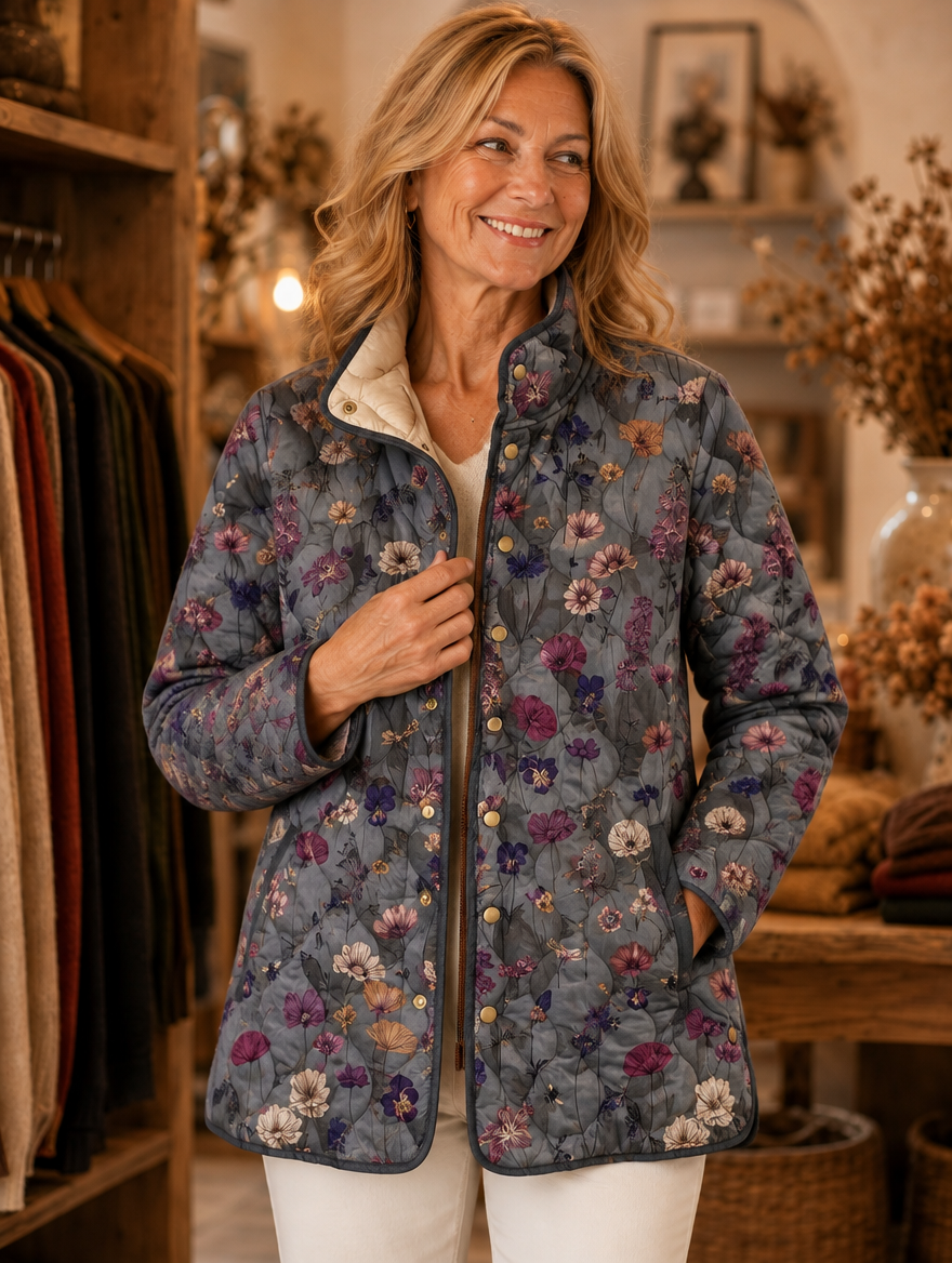 Niva vintage floral quilted jacket worn by model (extra)