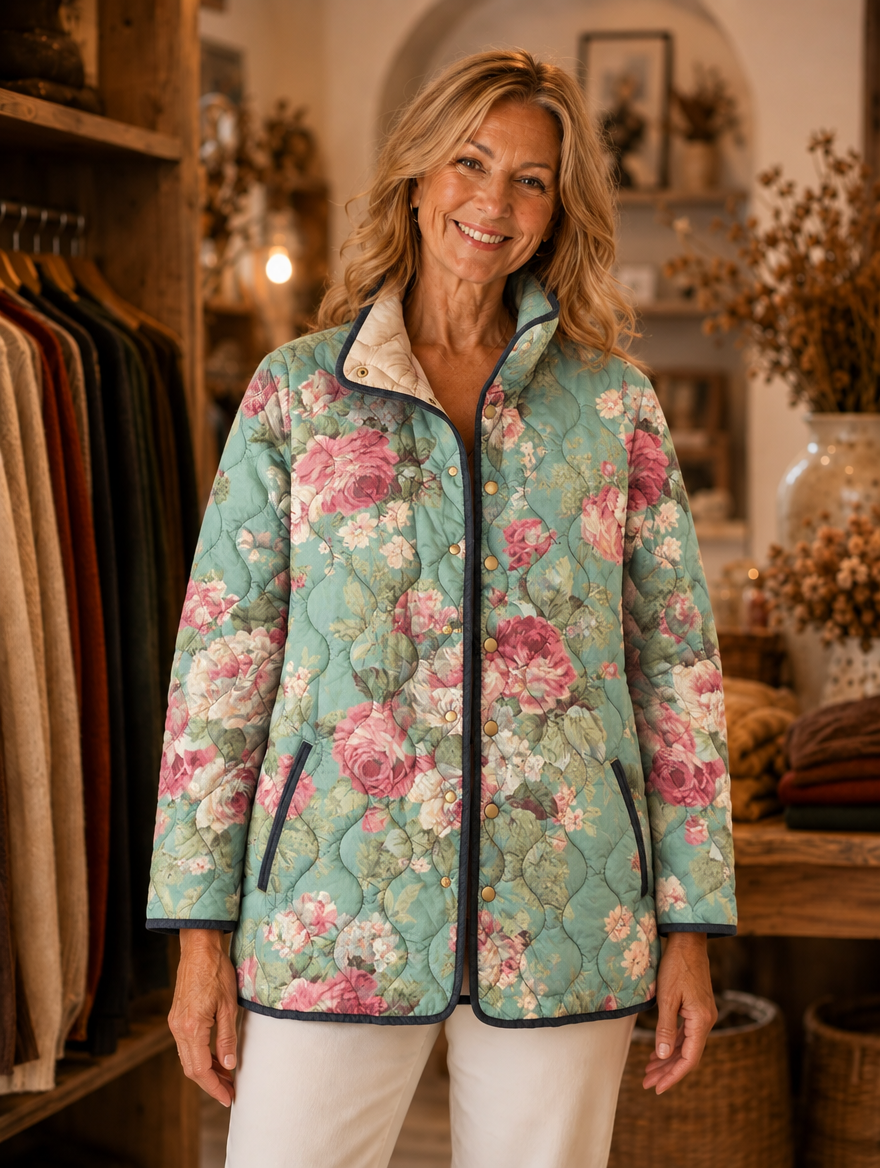 Carys retro floral quilted jacket worn by model (extra)