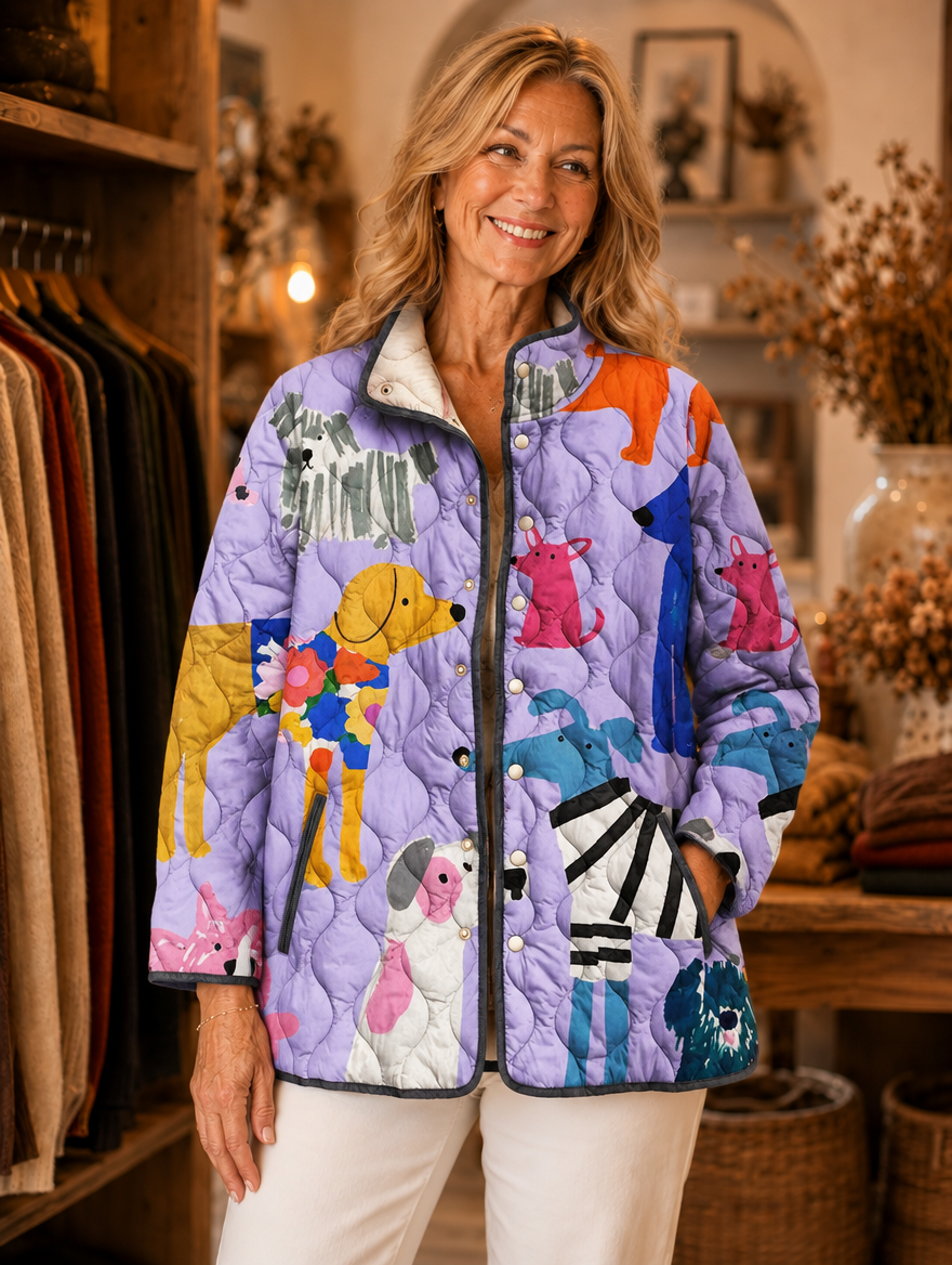 Rhea dog print quilted jacket worn by model (extra)
